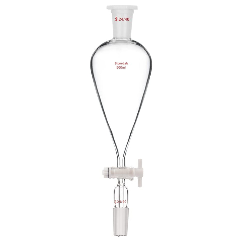 stonylab 500 mL Conical Pear-Shaped Separatory Funnel with PTFE Stopcock, Heavy Wall Borosilicate Glass, Top & Lower 24/40 Joints – Lab Liquid Separation 500.0 milliliters 1 XMK-Sep-Funnel-24/40-500ml