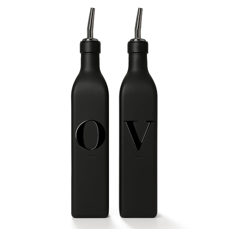 Olive Oil Dispenser Bottle Set, Oil and Vinegar Dispenser Set, Glass Oil Container, oil bottles for kitchen with Pourers and Funnel, 500ml | Set of 2 - Black