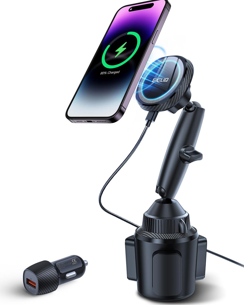 EXELIQ Cup Holder Phone Charger for Magsafe, Wireless Magnetic Car Mount | Heat Dissipation System, 15W Fast Charging Car Cup Phone Holder for iPhone 17 16 15 14 13 12 Pro Max Mini with PD 30W Adapter