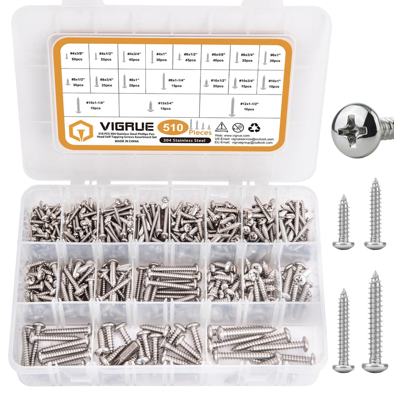 VIGRUE 510Pcs Stainless Steel Wood Screws Assortment Kit, #4#6#8#10#12 Phillips Pan Head Sheet Metal Screws Self Tapping Screws Set,Length 3/8" to 1-1/2" 510Pcs Pan Head #4#6#8#10#12