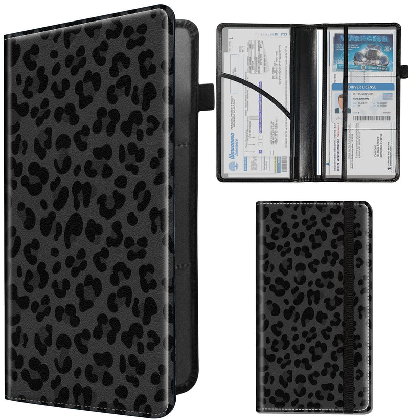 Car Registration and Insurance Holder,Leather Insurance License and Registration Card Holder for Car Glove Box, Auto Truck Document Holder Organizer for Men Women- Black leopard print