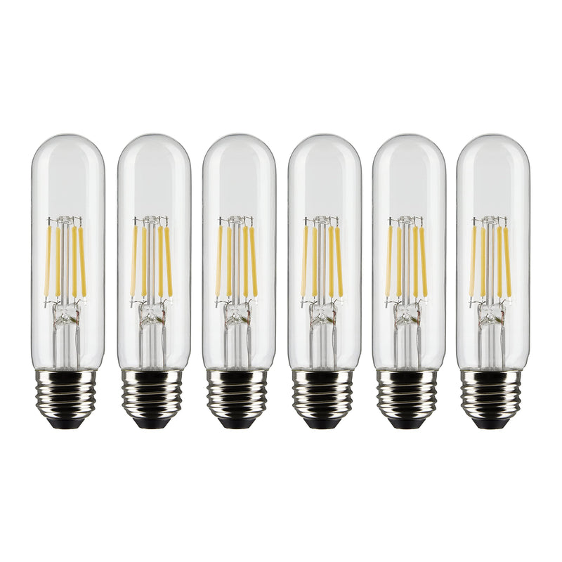 Satco S21344 5.5-Watt T10 LED Filament Light Bulbs, 2700K Warm White, 450 Lumen, E26 Medium Base, Dimmable, Wet Location 15000 Hour Rating 6 Pack