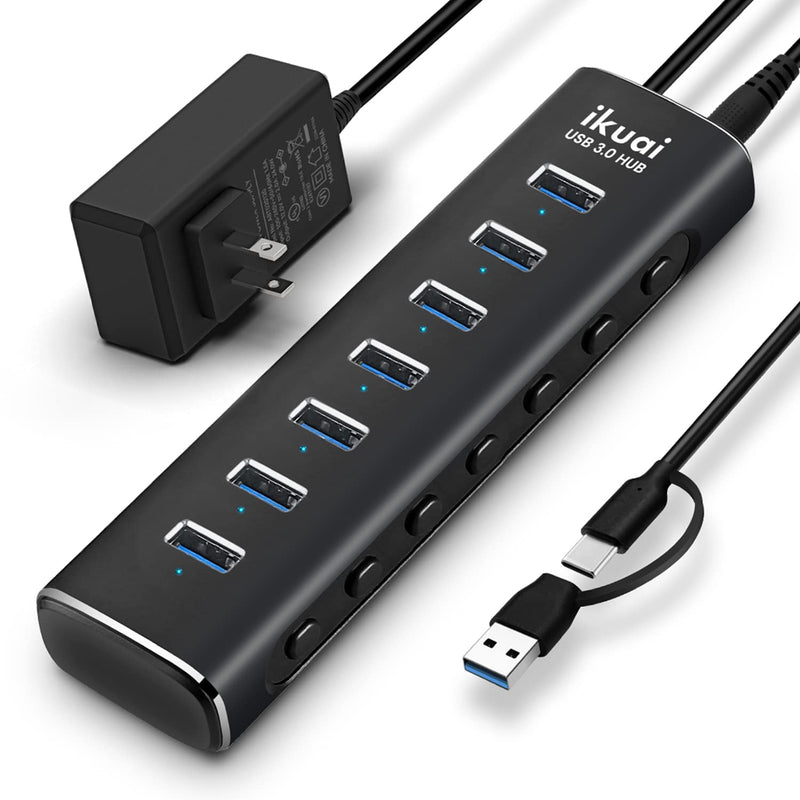 Powered USB 3.0 /USB C Hub, ikuai Aluminium 7-Port USB Hub Splitter with AC Adapter LED Individual On/Off Switches and 3.3ft Extended Long Cable for Laptop, Mac, PC, Flash Drive, Mobile HDD