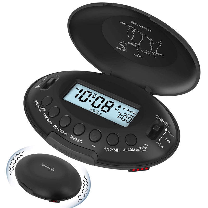 DreamSky Vibrating Alarm Clock for Heavy Sleepers - Bed Shaker Alarm Clock Under Pillow for Adults Teens Kids & Hearing Impaired, Rechargeable Battery Operated for Bedroom, Travel, Auto DST, Backlight Black