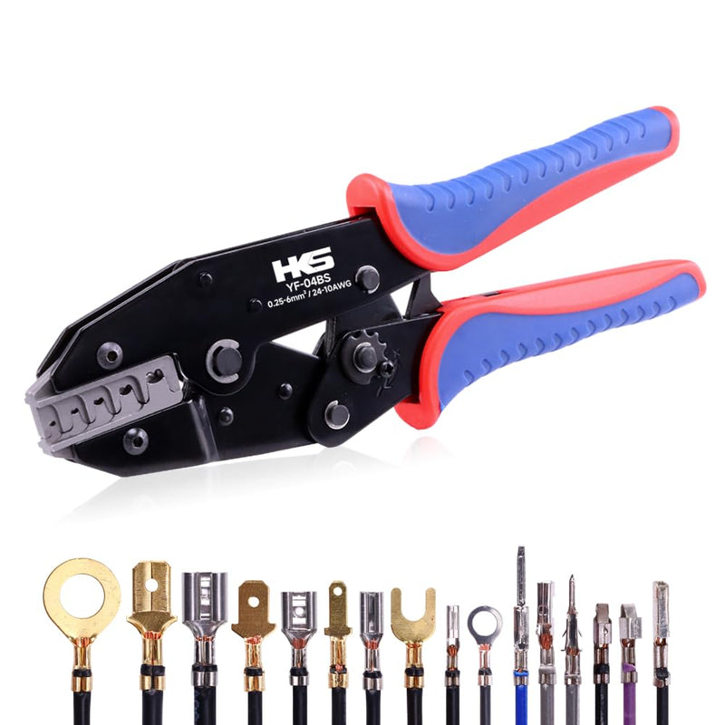 HKS Crimping Tool for Non-Insulated Open Barrel Terminals -for JST Molex TE Connectors - AWG 24-10 (0.25-6mm²) with Chrome-Moly Steel Wire Cutting Jaw - YF-04BS