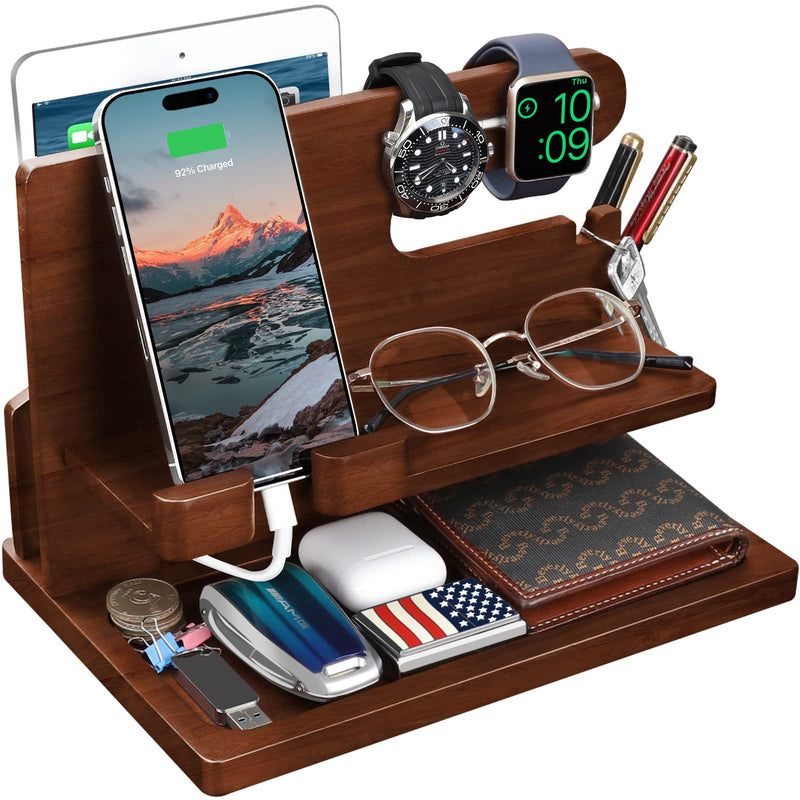 Wood Phone Docking Station - Nightstand Charging Organizer and Cell Phone Stand - Bedside Gift for Men Brown