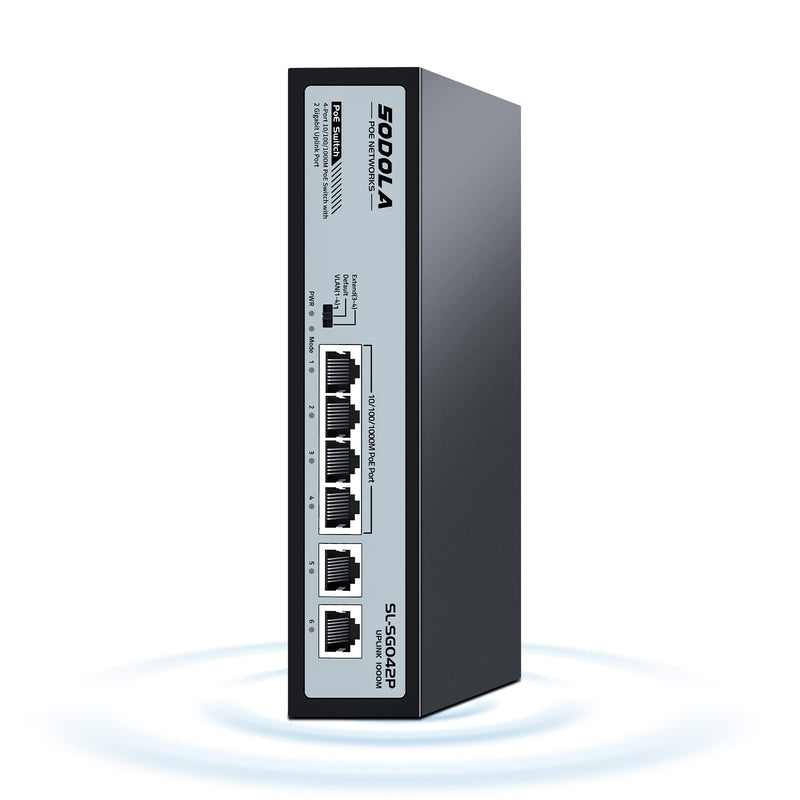 SODOLA 4 Port Gigabit PoE Switch with 2 Uplinks, AI Watchdog/Extend/Port Isolation, 802.3af/at,Plug & Play Unmanaged Network Switch 4+2POEUS
