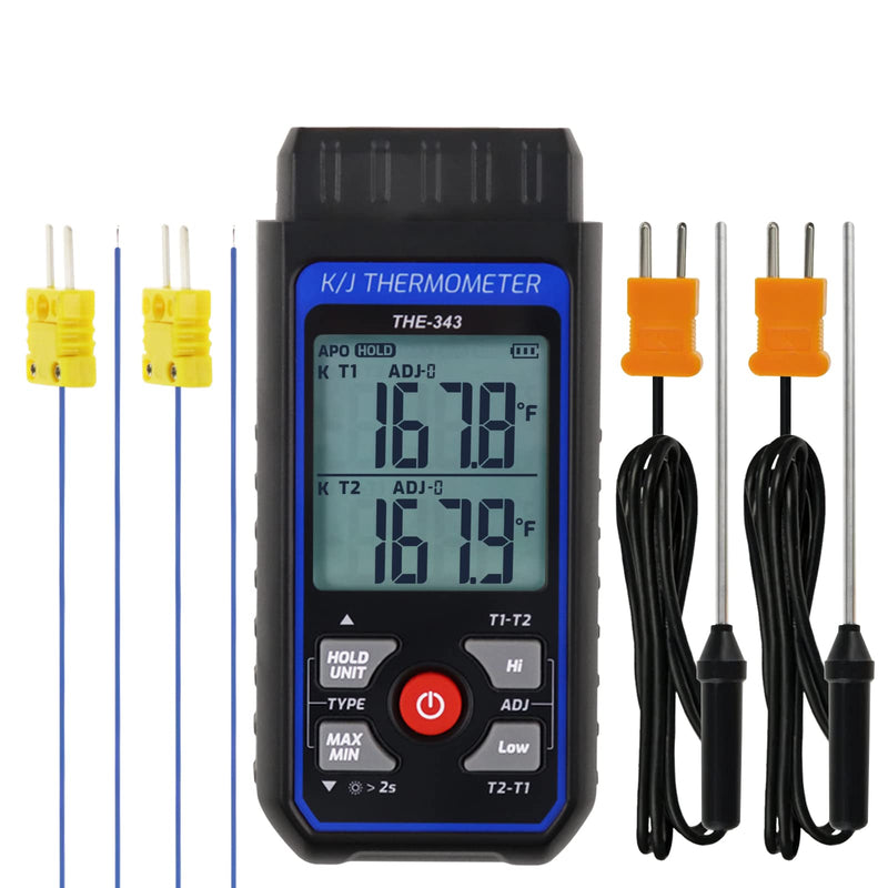Thermocouple Thermometer Digital K Type Thermometer with 4 Thermocouples, -328~2500℉ Measuring Range HVAC Dual Channels Temperature Meter Gauge with LED Backlight & ADJ Compensation Black