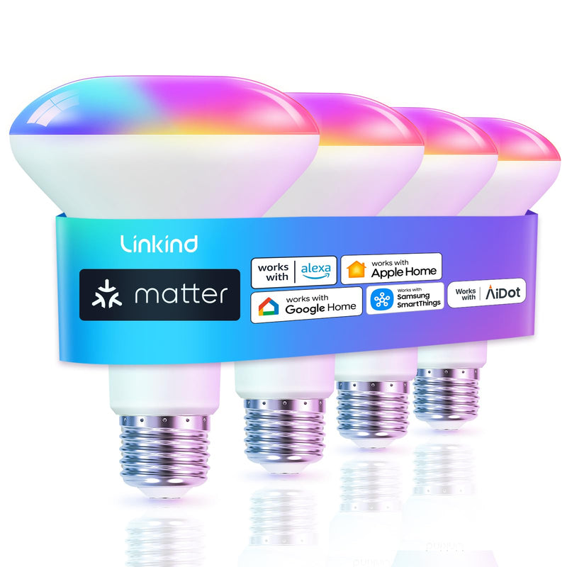 Linkind Matter Smart Light Bulb, BR30 Smart Bulbs, Recessed LED Color Changing Light Bulbs RGBTW, E26 Smart Flood Light Bulbs 650LM 60W Work with Alexa, Apple Home, Google Home, SmartThings, 4Pack Single-zone 650lm-4pk