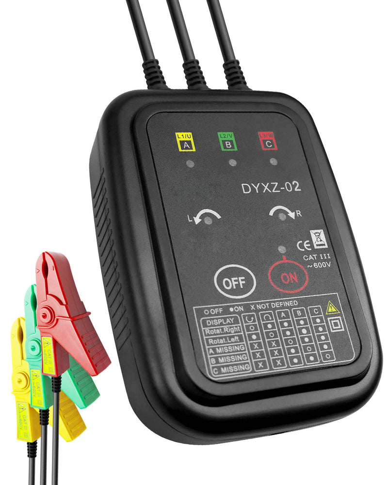 3 Phase Rotation Tester Non Contact Rotation Meter AC 70~600V High Magnetic Induction Phase Sequence Detector with 22 Inch Clamp Lead, LED, Carrying Bag Auto Power Off Phase Meter DYXZ-02