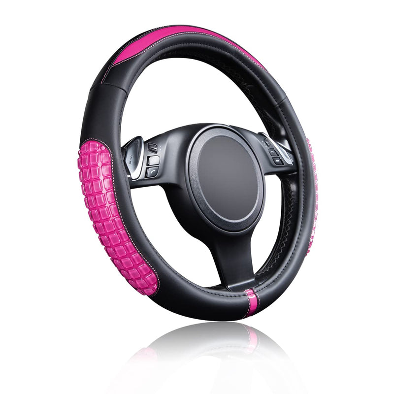 Flying Banner car Steering Wheel Cover Gel Massage Velvet Cool Warm Universal Size 15 inches SUV Truck Anti Slip Odorless Summer Winter (Black Pink, Gel Massage) Black Pink