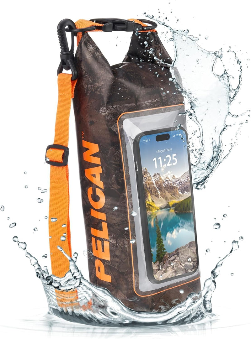 Pelican Marine IP68 Waterproof Dry Bag 2L w/Phone Pouch/Case - Hunter Camo | Roll Top Waterproof Backpack with Touchscreen Phone Pouch - Swimming, Kayaking, Camping, Rafting, Fishing & Travel Essentials Hunter Camo - 2L