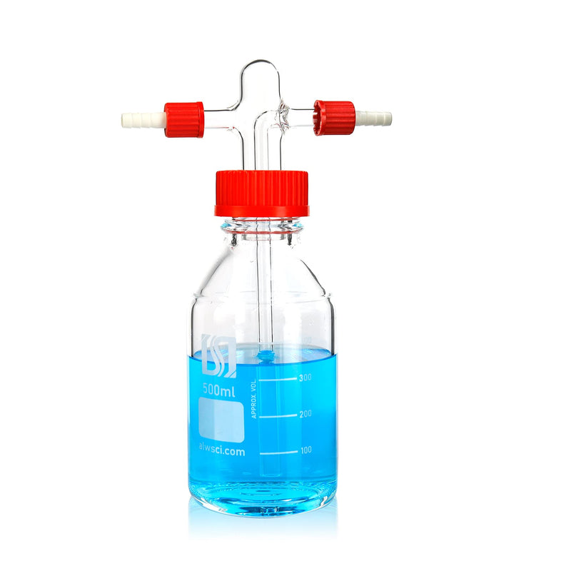 ALWSCI Lab Vacuum Gas Washing Bottle, 500mL Graduated Lab Buffer Bottle, Vacuum Wash Bottle Glass,Drechsel Head GL45 with Gas bubber tube Adjustable Immersion, 2 threads GL14 PBT Red Screw Cap, 1set 16.9 Ounces