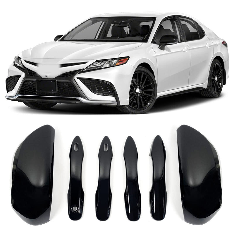  [AUSTRALIA] - Side Door Mirror Cap Cover Trim + 4 Door Handle Cover Trims Smart Compatible with 2018 2019 2021 2022 2023 2024 2025 Toyota Camry Accessories Rearview Mirrors Caps Cover Overlay Glossy Black With Smart Key Holes
