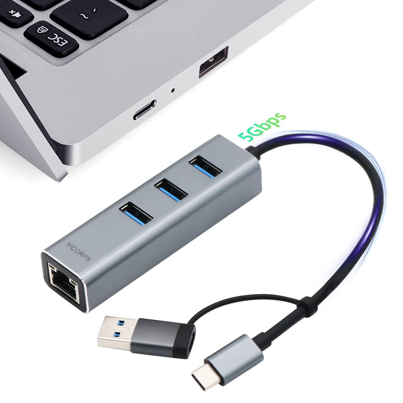 USB C to Ethernet Adapter YICORPS 3 Port USB 3.0 Expander Hub to RJ45 LAN with Gigabit Ethernet LAN Adapter for MacBook/Windows 10/8.1/Surface Pro/Chromebook/Linux and More Laptop
