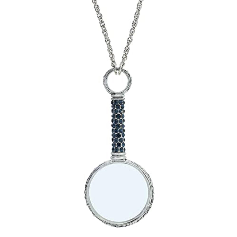 1928 Jewelry Montana Blue Pave Crystal Magnifying Glass Necklace for Women Pendant Enhancer, 30 Inch - Magnification Power: 2-3X, Multifunctional Magnifier Perfect for Reading Books, Made in USA