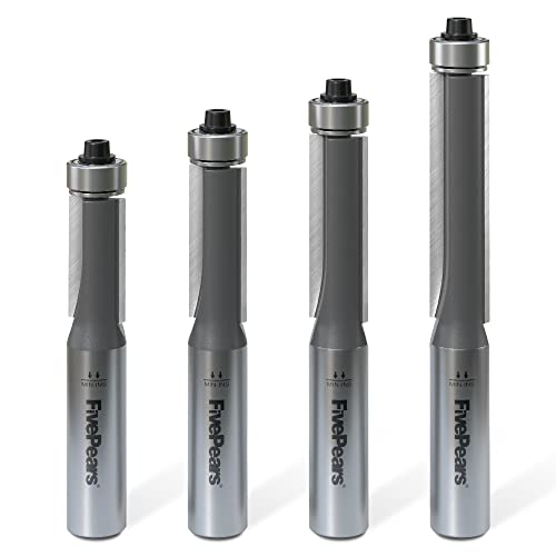 FivePears 4PCS Flush Trim Router Bits 1/2 Inch Shank, Bottom Bearing Flush Cut Trim Router Bit for Woodworking, 1/2 Inch Cutting Diameter, 1", 1-1/4", 1-1/2", 2" Cutting Length Shank Size: 1/2" 4 Bits Set - 1/2" Shank