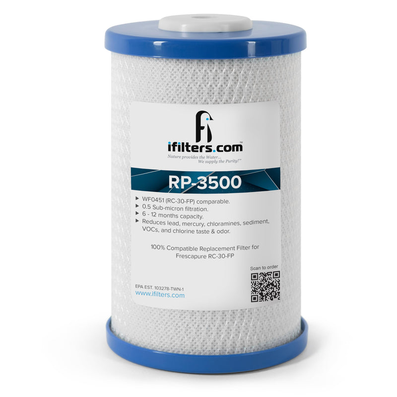 iFilters RP-3500 Carbon Block Drinking Water Filter Replacement Cartridge, 1000 GPD - 0.5 Micron | 100% Compatible Fit with Frescapure 3500 WF0451 | Reduces Lead, Cysts, Sediment, VOCs, Chlorine 1 Pack