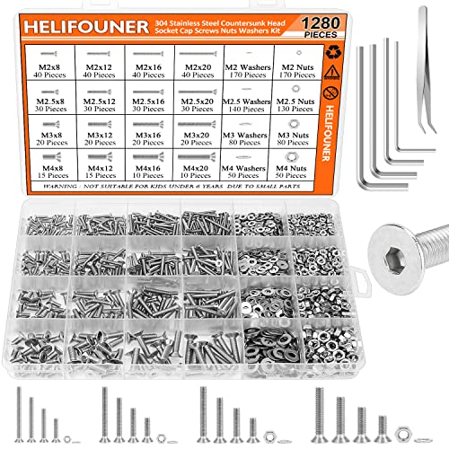 HELIFOUNER 1280 Pieces M2 M2.5 M3 M4 304 Stainless Steel Countersunk Head Socket Cap Metric Screws Bolts Washers Nuts Hardware Assortment Kit with Hex Wrenches ['M2/M2.5/M3/M4']