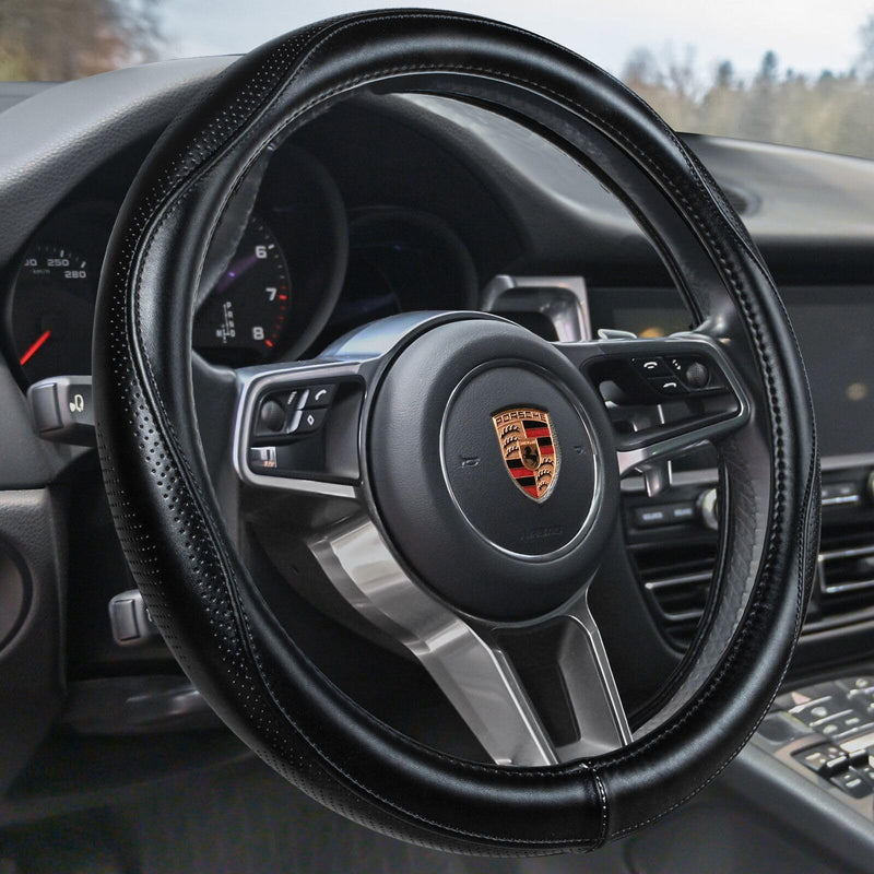 HAOKAY Top Grade Black Genuine Leather Steering Wheel Cover Men Women, Luxury Steering Wheel Cover for Cars, SUVS and Trucks，Universal 14.5-15 inch Standard size[14 1/2''-15'']