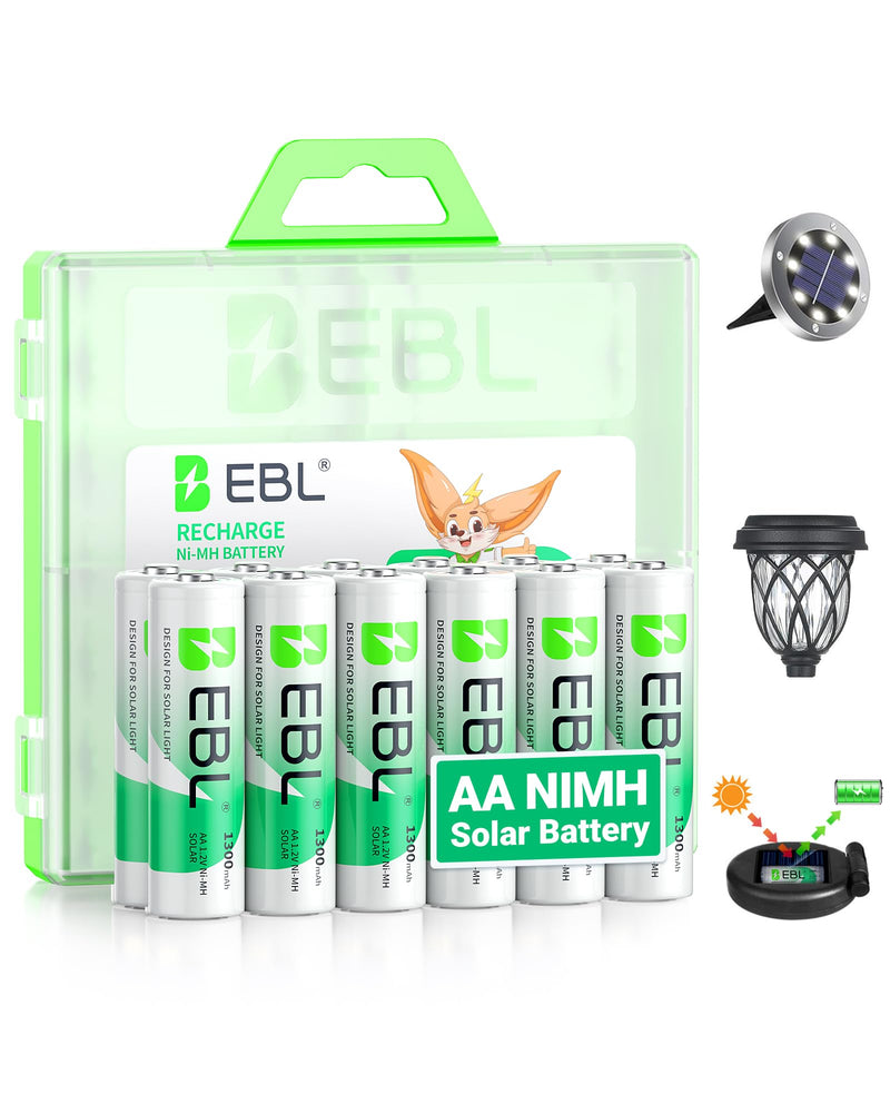 EBL Solar AA Battery Rechargeable Batteries for Outdoor Solar Lights, 1300mAh NIMH Pre-Charged 1.2V Recharge up to 1200x Times for Garden Landscaping String Lights, Pack of 12 12 AA Count