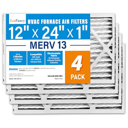 LotFancy 12x24x1 Air Filter MERV 13 4-Pack Pleated for Home Furnace HVAC AC MERV 13 4pcs
