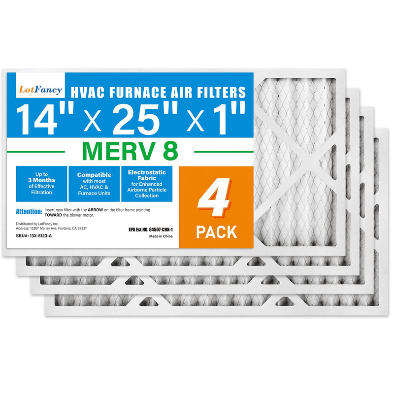 LotFancy 14x25x1 Air Filter MERV 8 4-Pack, Actual Size: 13.75"x24.75"x0.75", Electrostatic Pleated Furnace & AC Filter, Captures Dust, Pet Hair, Pollen MERV 8 4pcs