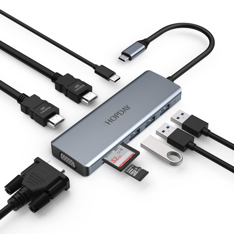 USB C Hub, 9 IIN 1 USB C Docking Station Triple Display USB 3.0 Hub with 2 HDMI,VGA,3 USB 3.0,100W PD,SD/TF Card Reader for MacBook Pro/Air, Surface Pro 7