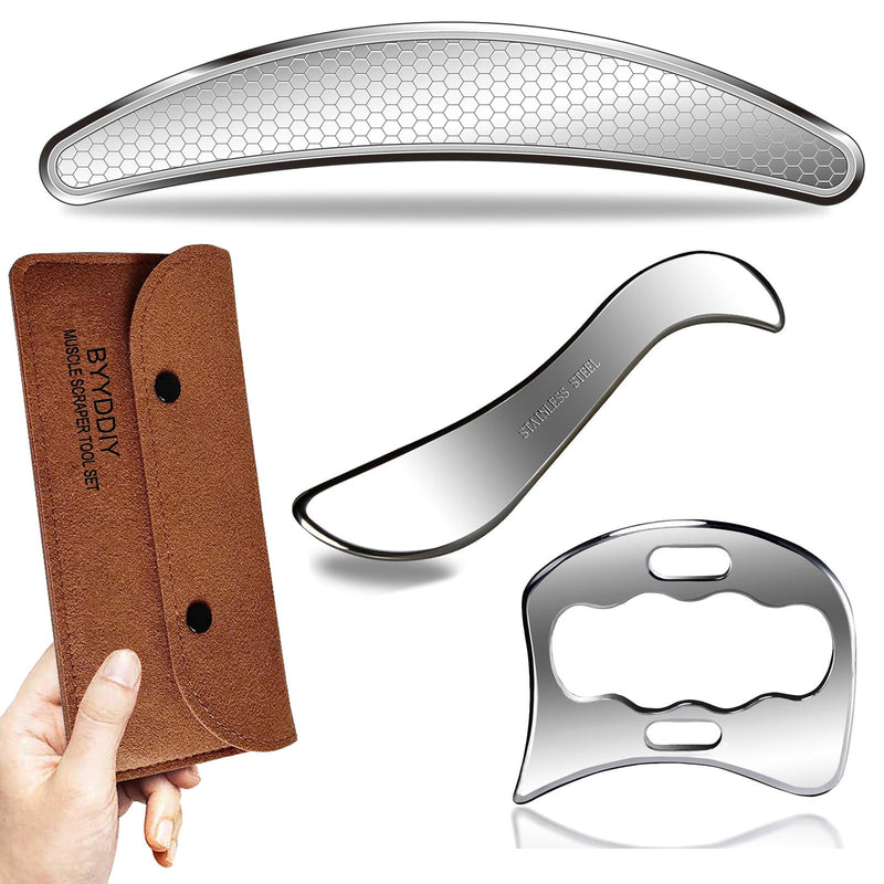 BYYDDIY 3 in 1 Stainless Steel Muscle Scraper Tools Set,Scraping Massage Tools for Physical Therapy,Derma Edge Massage Tool & GuaSha Massage Scraper Tool,IASTM Tools,Guasha Tool for Body SDC1