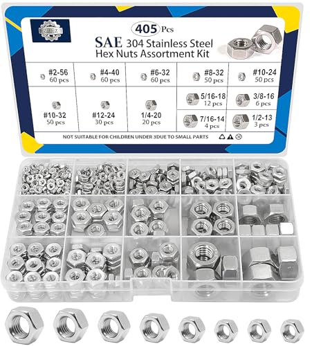 ZQZ 405 Pcs SAE Hex Nuts Assortment Kit Stainless Steel (#2-1/2) Nut Set SAE Hex Nuts Assortment;405 PCS
