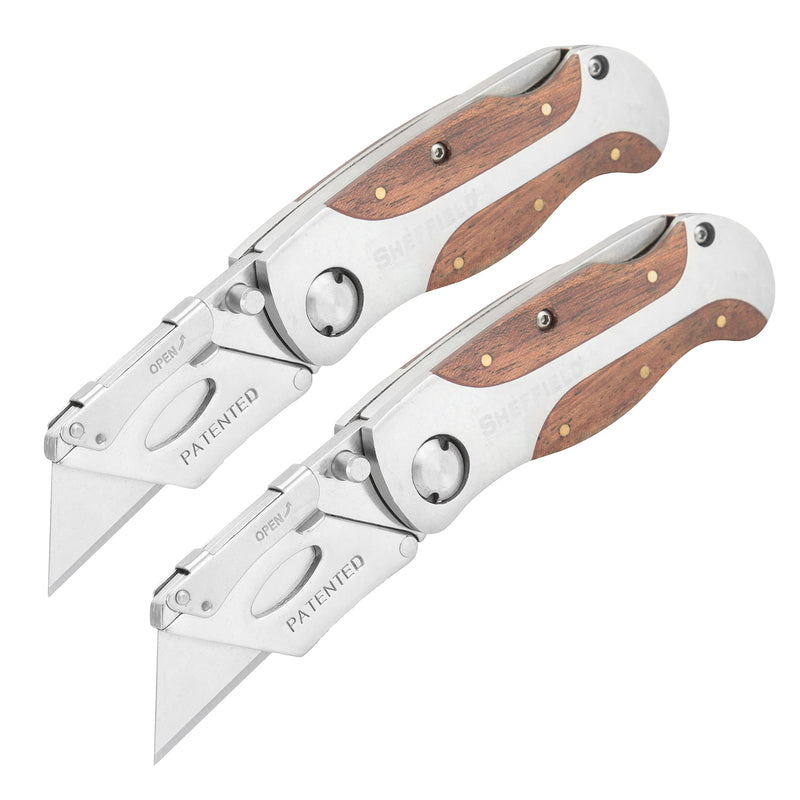 Sheffield 12525 Premium Lock Back Utility Knife 2 Pack, Gifts for Men, Dad Gifts, Box Cutter Knife, Carpet Knife, Drywall Cutter, Quick Change Blade, Aluminum and Wood Handle 2-Pack