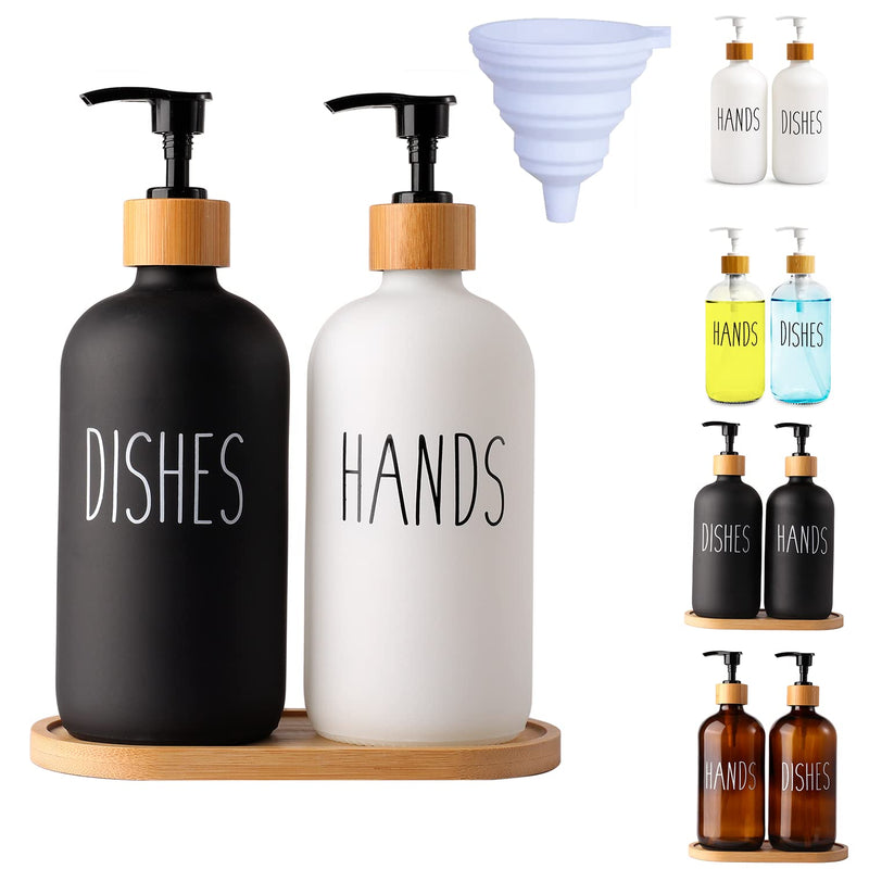 LOOCHICA 2 Pack Glass Soap Dispenser Set with Tray, Hand and Dish Glass Soap Dispensers for Kitchen Sink, Kitchen Soap Dispenser Set Suitable for Black and White Kitchen Decor A01-black/White With Bamboo Tray