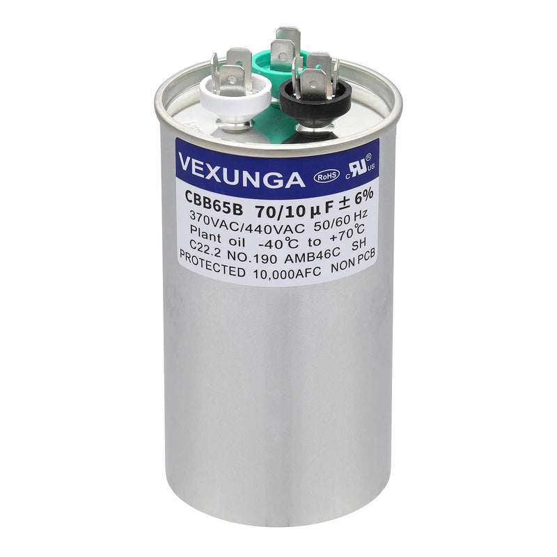 VEXUNGA 70/10 uF 70+10 MFD 370VAC or 440VAC Dual Run Start Round A/C Capacitor CBB65 CBB65B Air Conditioner Capacitors for AC Unit Fan Motor Start or Heat Pump or Condenser Straight Cool [V05] 70+10 uF Round