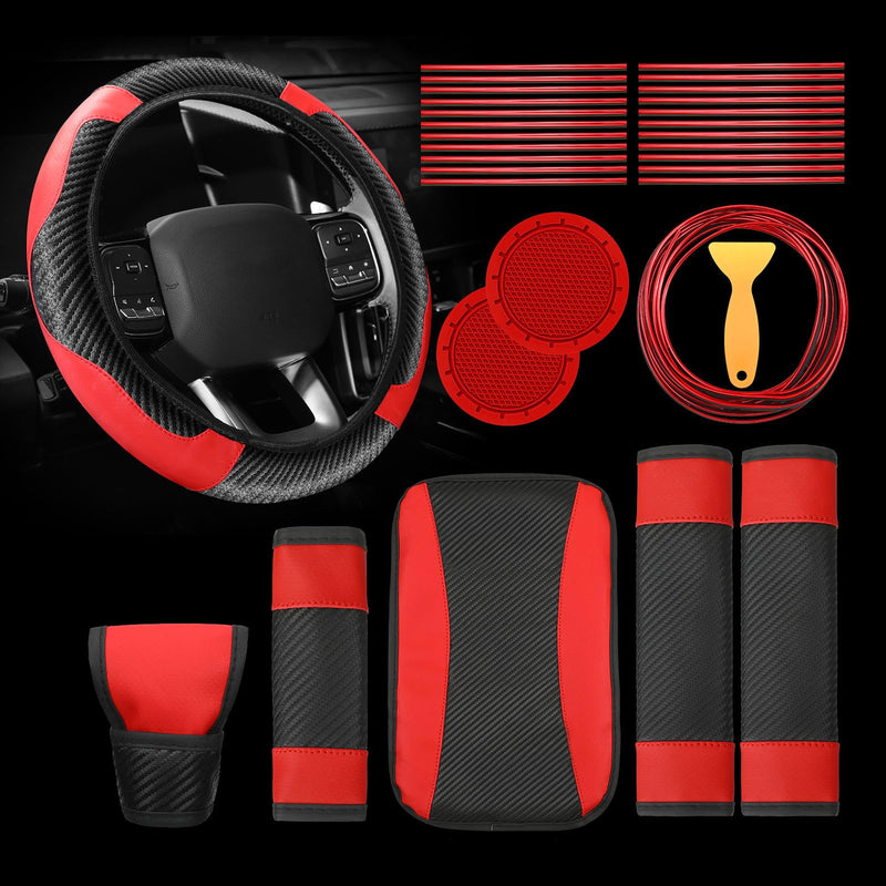Riakrum 30 Pcs Car Accessories Set Red and Black PU Leather Steering Wheel Cover Anti Slip Steering Wheel Protector Car Vent Trim Strips Air Conditioner Insert Strips with Installation Tool Red, Black