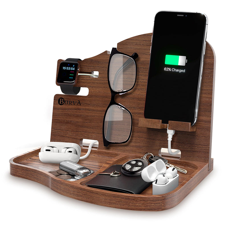 BarvA Wood Docking Station | Phone Stand & Desk Organizer | Night Stand Charging Station & Phone Holder | Compact Nightstand Organizer for Men's Accessories | Ideal Gifts for Men Dark Walnut
