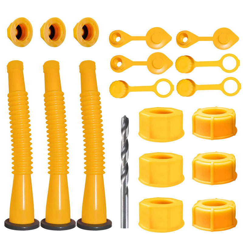 Gas Can Spout Replacement, Gas Can Nozzle Replacement (3 Kits-Yellow). for 1/2/5/10 gallon gas cans. Upgraded replacement gas can spout with flexible nozzle, vent cap, thick rubber pad, spout cover Yellow