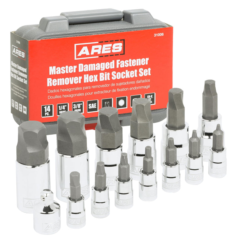 ARES 31006 – 14-Piece SAE Damaged Fastener Remover Hex Bit Socket Set – Premium Steel Bit Sockets Remove Heavily Rounded and Stripped Fasteners – Storage Case for Protection and Portability 14-Piece Hex Bit Socket Set