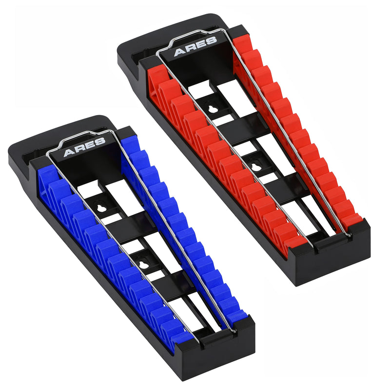 ARES 62043 – 2-Piece Wrench Rack Set with Locking Bar - SAE Rack Holds 1/4-Inch to 1-Inch Sizes - Metric Holds 6 to 25mm Sizes – Locking Metal Clip Secures Wrenches 2-Piece Magnetic Wrench Rack with Locking Bar Red & Blue