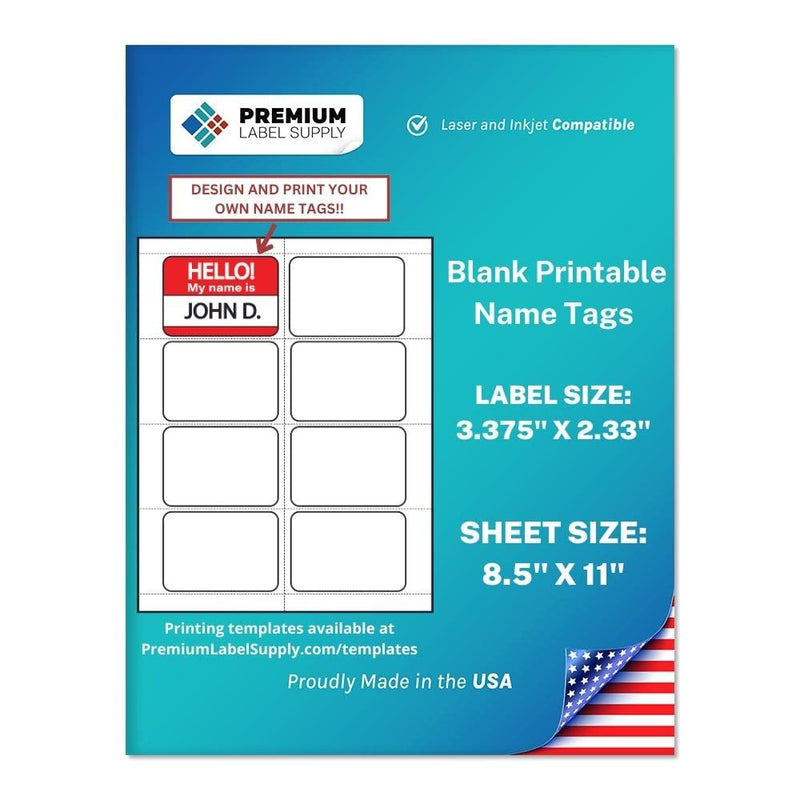 Premium Label Supply Blank Printable Name Tag Stickers - 2-1/3" x 3-3/8" - Laser/Inkjet Compatible – (8 per Sheet), 25 Sheets – 200 Total Adhesive Name Tags 200 Name Tags