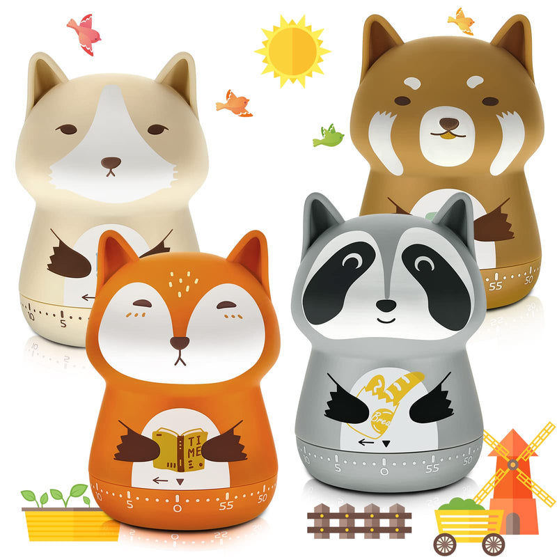 4 Pieces Cute Kitchen Timer Animal Mechanical Manual Fox Raccoon Bear Wolf 60 Minutes Loud Alarm Egg Windup Timer for Adults Christmas Home Cooking Baking Fitness Beauty