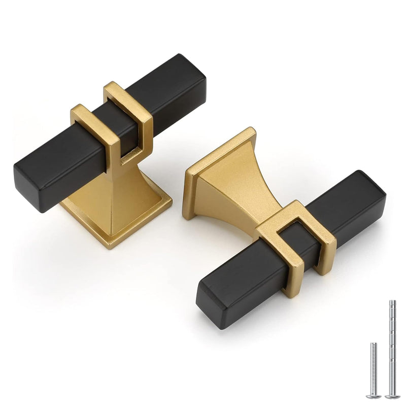 Haliwu 10 Pack Cabinet Knobs, Black&Gold Kitchen Dresser Drawer Handles, T-bar Hardware T-bar knob Black & Matte Gold