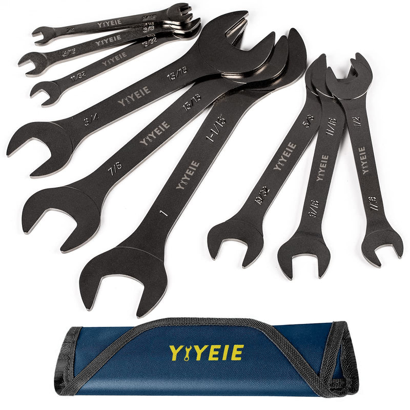 9Pc. Super Thin Wrench Set, SAE 1/4" to 1-1/16", Nickel Plating, CR-V Steel, Ultra-Slim Open End Wrench Set with Rolling Pouch SAE 9PCS Black Nickel Plating