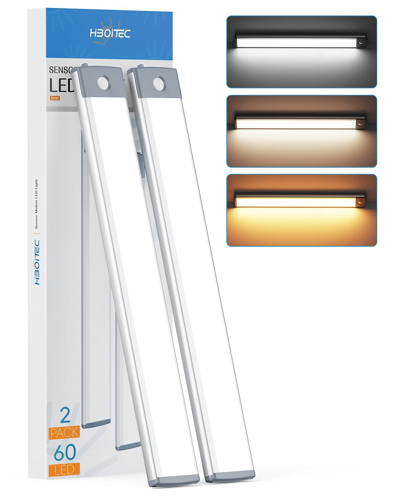 HIBOITEC 60 LED Under Cabinet Lighting 2 Packs, Stepless Dimming Motion Sensor Light Indoor, 3 Color Tempera Wireless Closet Lights, 2500mAh Rechargeable Battery Operated Light for Kitchen, Hallway 2 Pack 12.6inch-60LED