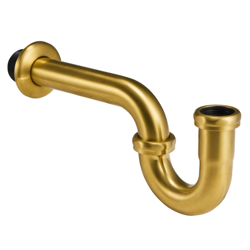 18 Gauge Solid Brass P-Trap 1 1/4” OD, Heavy Duty Brass Tubular J Bend Pipe Connector, Decorative Bathroom Basin Sink Waste Trap Drain Kit with Flange and Gasket Washers, Brushed Gold