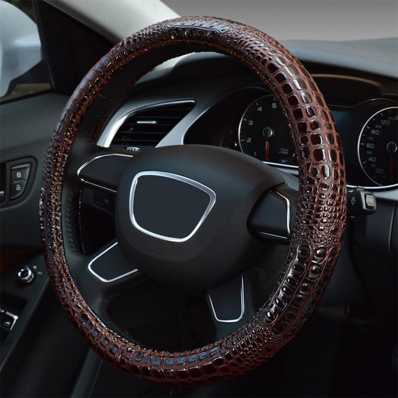 Crocodile Grain Leather Four Seasons Universal Car Steering Wheel Cover Sport Cute Handle Case for Men Auto Interior Accessories, Brown Coffee