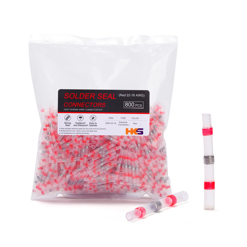 HKS 800 PCS Solder Seal Wire Connectors - Red 22-18 AWG - Heat Shrink Solder Butt Connectors - Tinned - Automotive Marine Boat Crimp - Waterproof and Insulated 800PCS