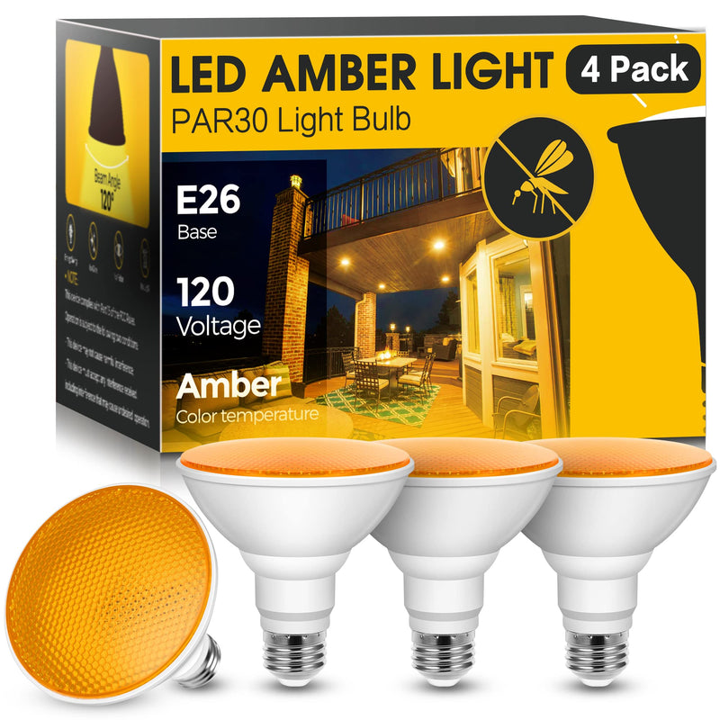 12W LED Bug Lights for Outside[4 Pack], JandCase Yellow Bug Light Bulbs Outdoor, 100Watt Equivalent, PAR30 Flood Light Bulbs for Porch, Patio, E26 Base, Non-Dimmable 4