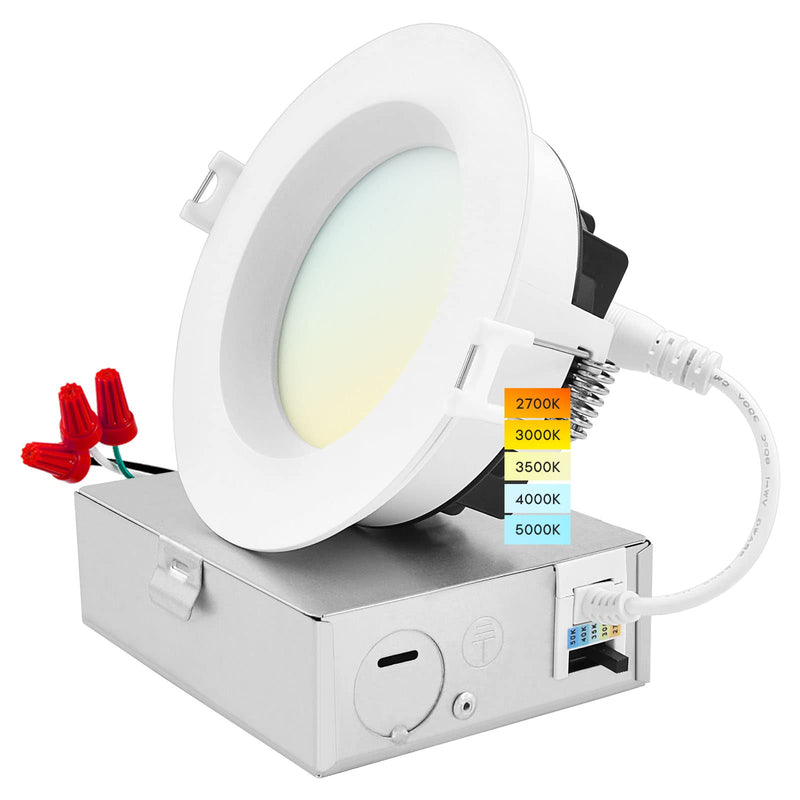 LUXRITE 4 Inch LED Recessed Ceiling Light with Junction Box, 15W, 5CCT Selectable 2700K/3000K/3500K/4000K/5000K, 1300LM High Brightness, Dimmable Canless Downlight, Wet Rated, IC Rated, ETL Listed