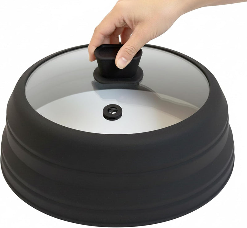 11.8 Inch Silicone & Glass Microwave Splatter Cover, Non-Plastic Collapsible Vented Microwave Food Cover With Heat Resistant Handle, Universal Fit Plates and Bowls, Black
