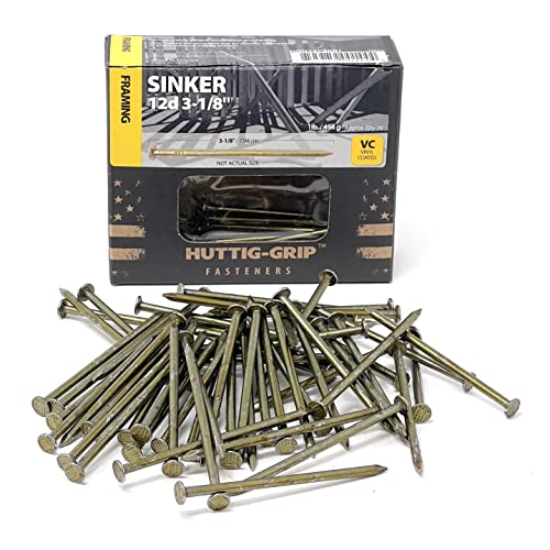 Huttig-Grip 3-1/8 inches Sinker Nails 12d for Construction Framing HGN12CSKR1 Vinyl Coated Finish, 1 lb Pack of 75 Nails 3-1/8 in -1 lb Pack